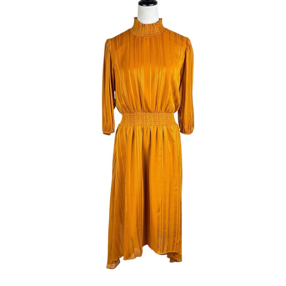 Nanette Lepore Mustard Gold Sparkle Stripes Smocked Neck 3/4 Sleeve Midi Dress